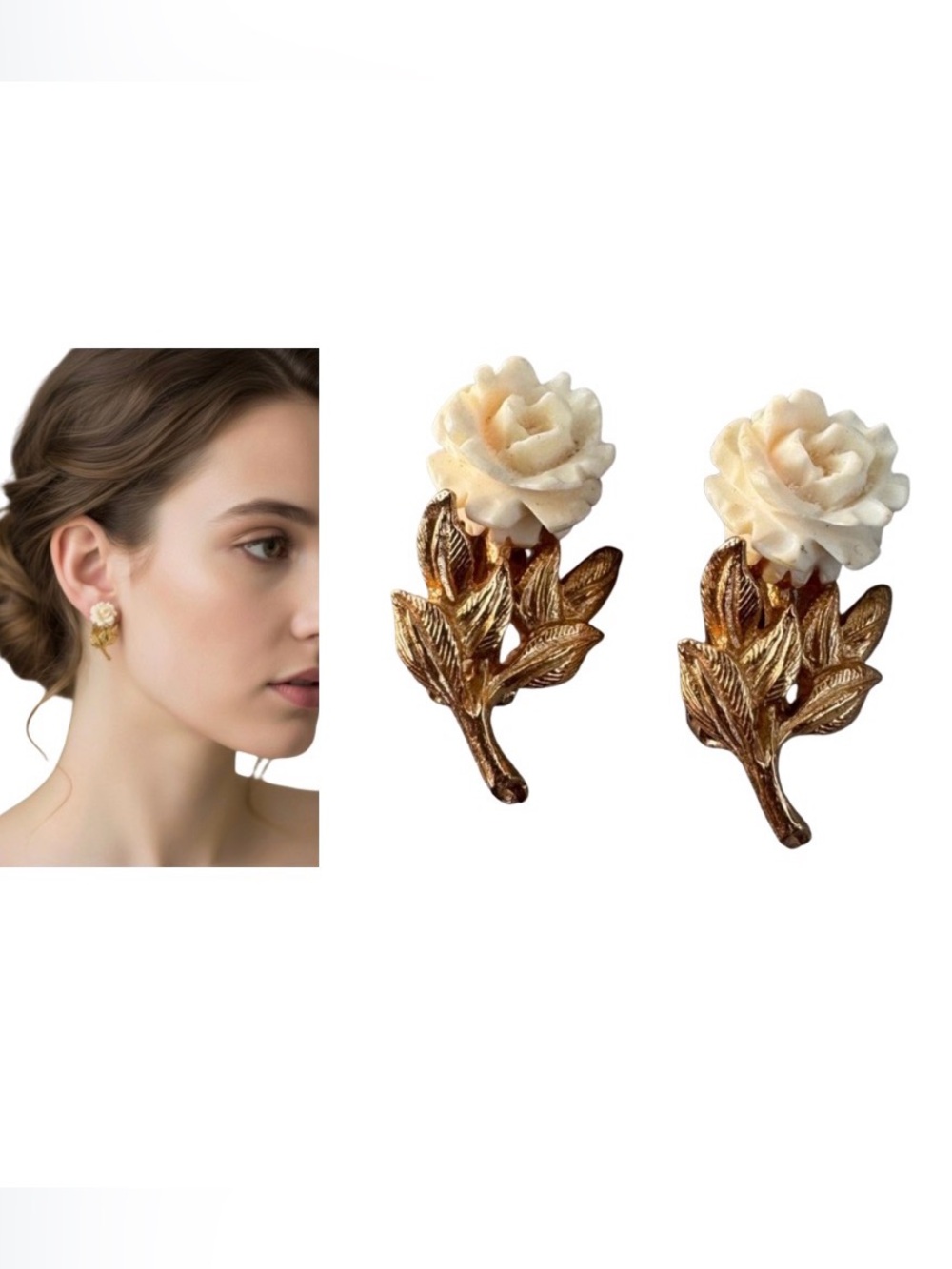 Sterling Vintage  Rose clip on earrings Elegant Cream and Gold Floral Earrings